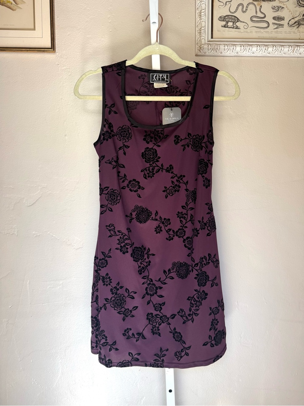 CITY Triangles Velvet Burnout Plum Floral Sleeveless Shift Dress Medium